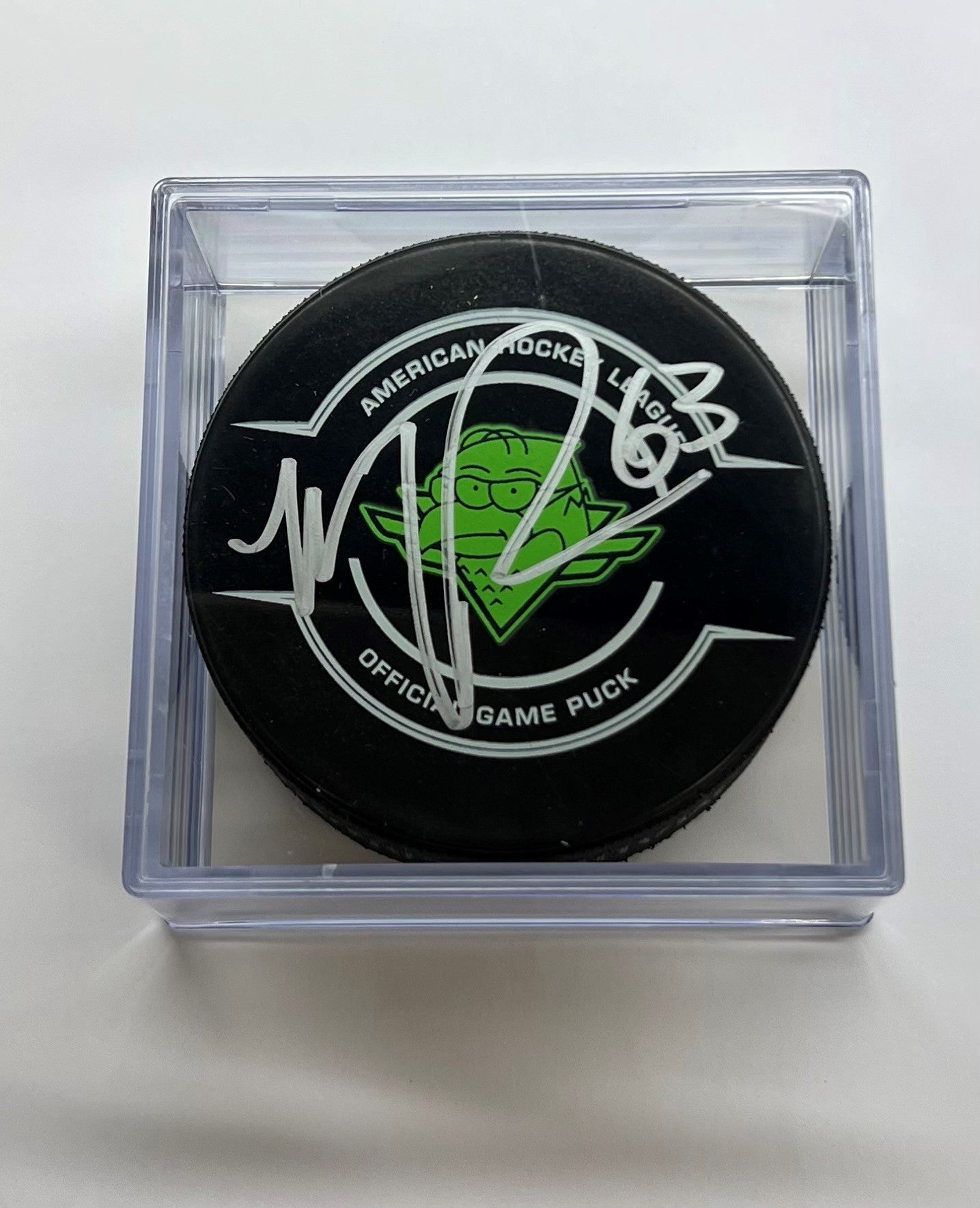 Signed Puck in Cube - #63 Matthew Peca (Ice-O-Topes/3Eyed Boomer Game Puck)