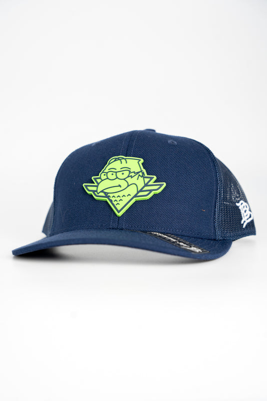 Neon 3-Eyed Boomer - Branded Bills Curved Trucker - Navy