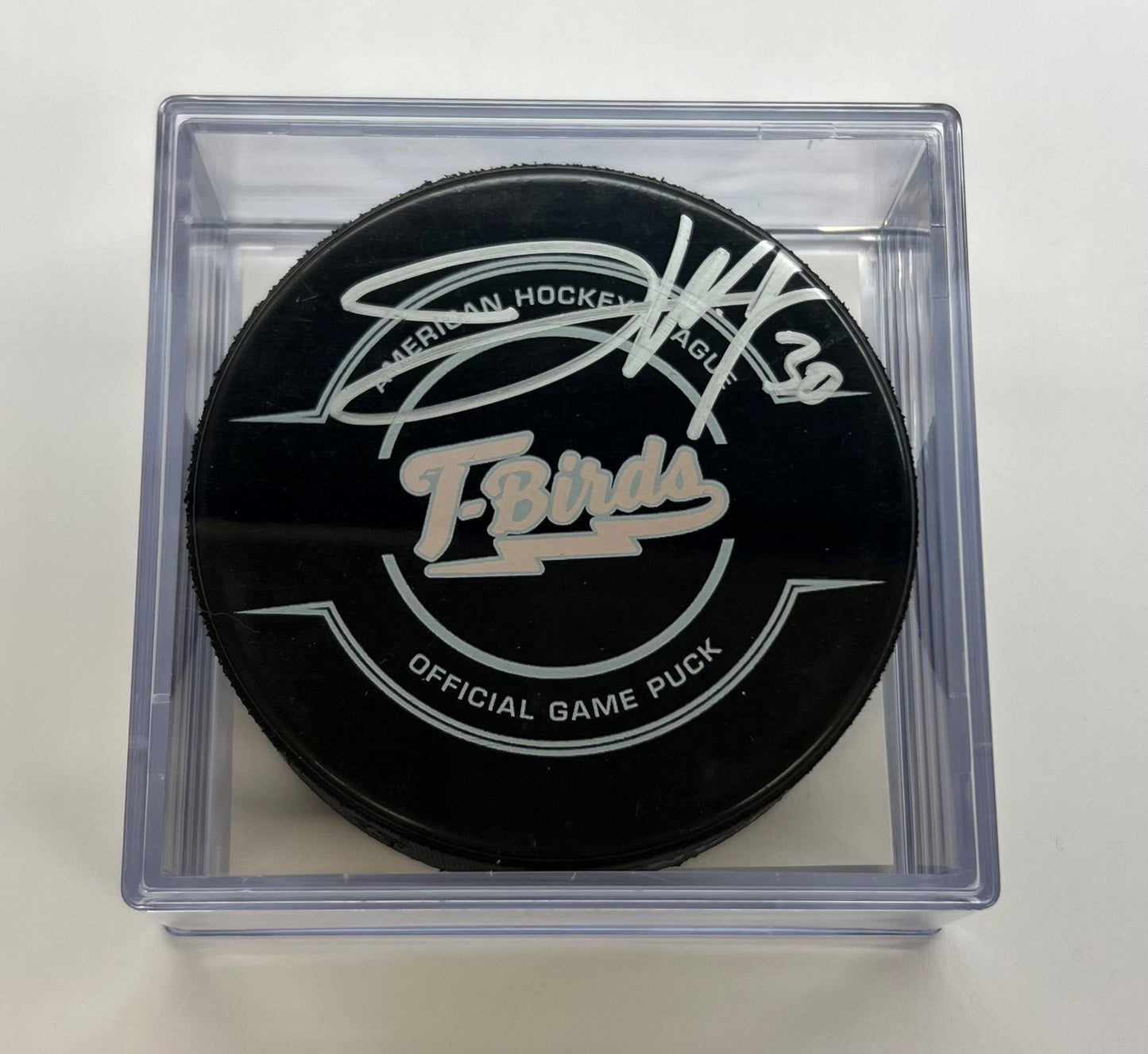 Signed Puck in Cube - #30 Joel Hofer (Pink in the Rink Night Game Puck)