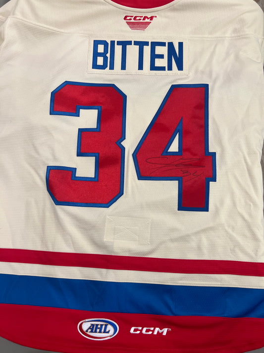 2024-25 Cream Teddy Bear Toss Jersey - #34 Sam Bitten - Game Worn & Signed - Size 56 - Set 2/2