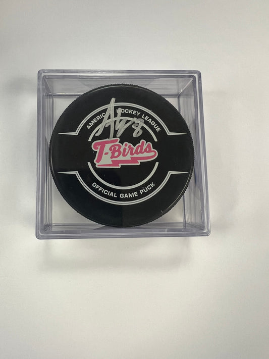 Signed Puck in Cube - #8 Adam Gaudette (On Pink in the Rink Game Puck)