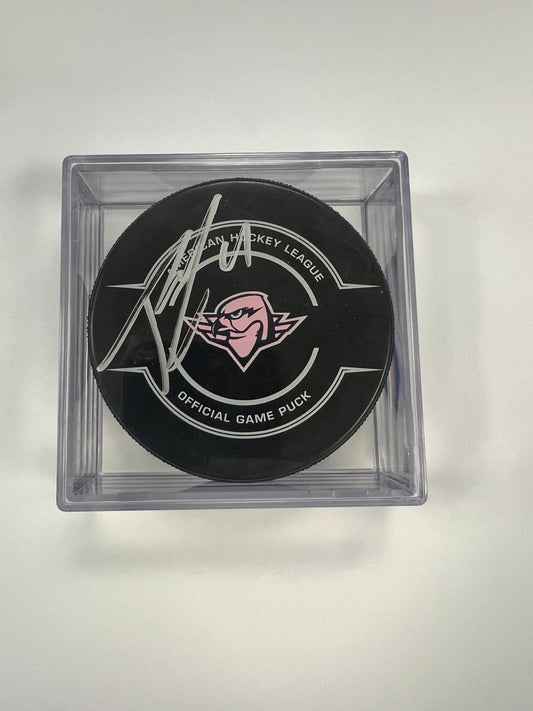 Signed Puck in Cube - #4 Tommy Cross (On Pink in the Rink Game Puck)