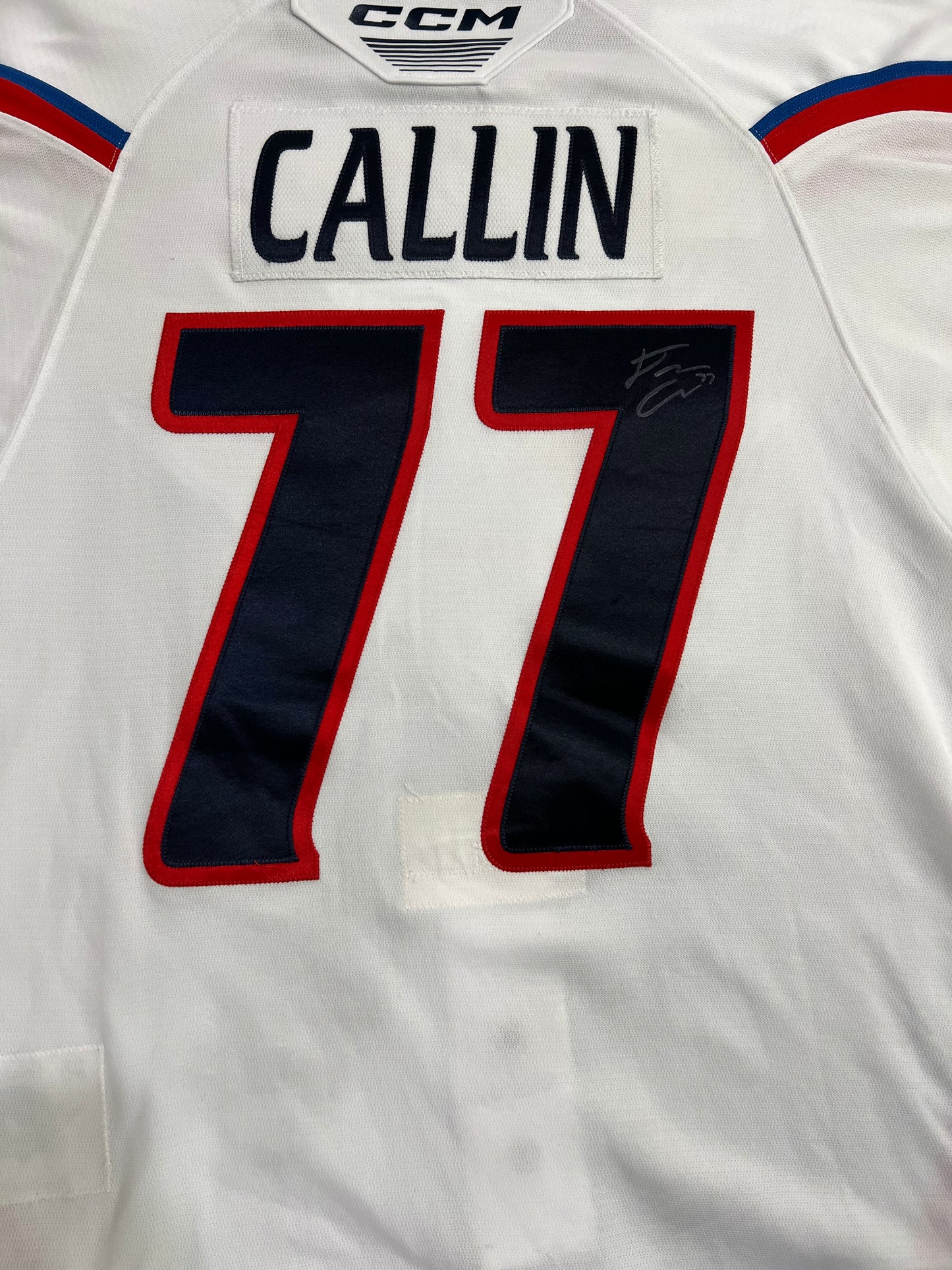 2024-25 White Jersey - #77 Drew Callin - Game Worn & Signed - Size 56 - Set 1/2