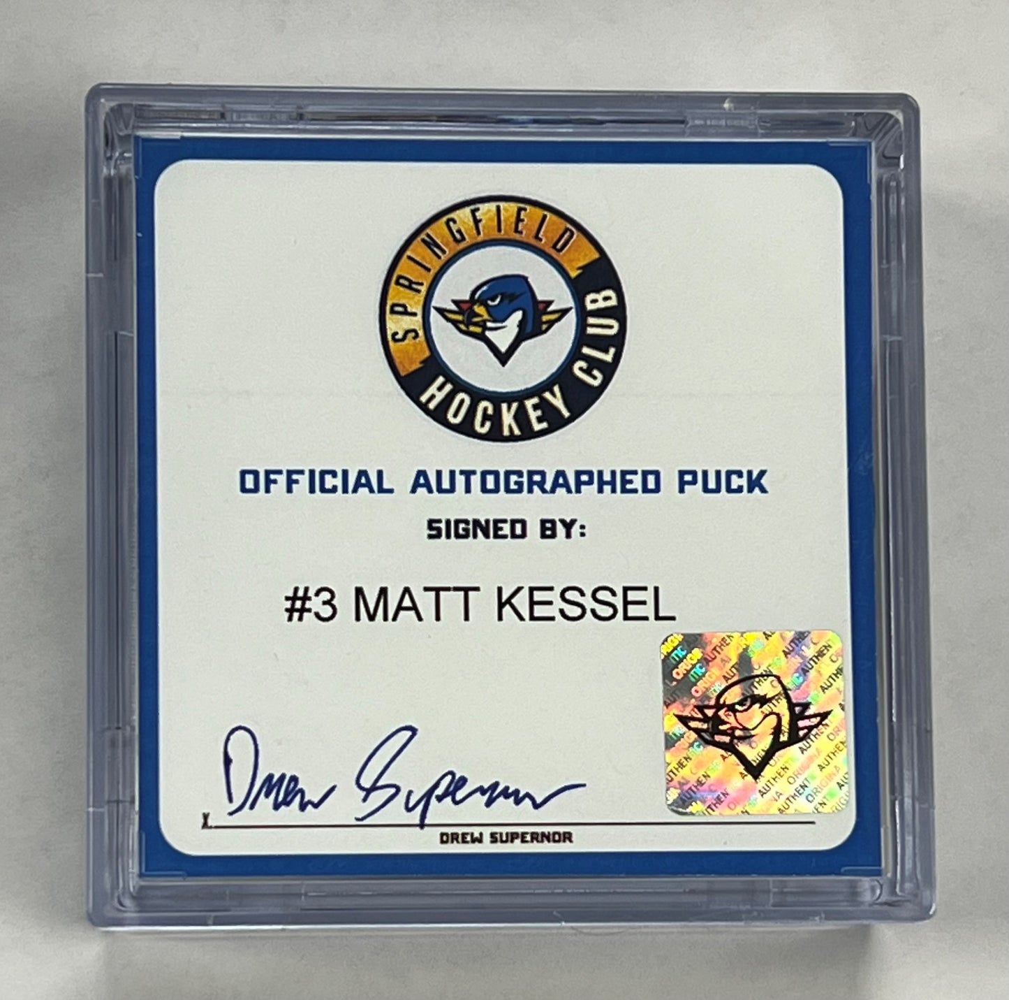 Signed Puck in Cube - #3 Matt Kessel